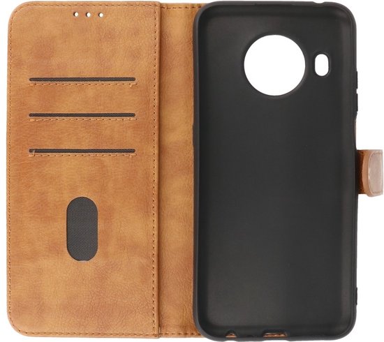 Bruin telefoonhoesje in boekstijl, met drie kaartsleuven en een telefoonhouder.
