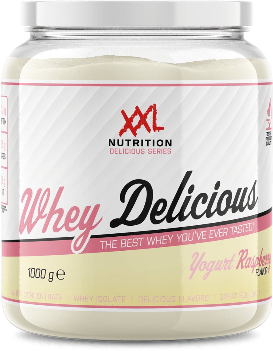 XXL Nutrition - Whey Delicious - Yoghurt Raspberry - Wei Eiwitpoeder met BCAA & Glutamine, Proteïne poeder, Eiwit shake, Whey Protein - 1000 gram