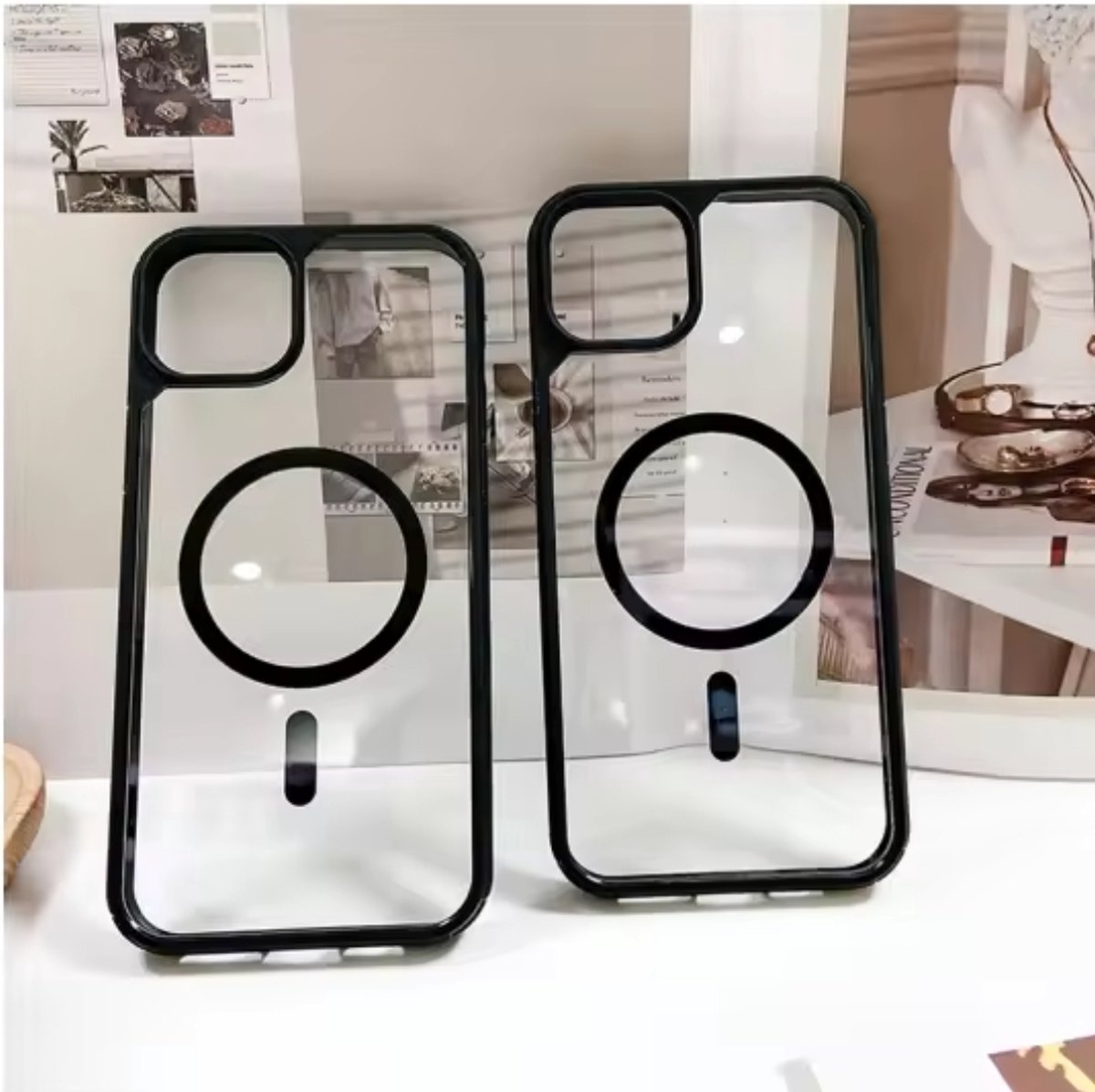 Optimity hoesje voor iPhone 14 Clear Case Magnetic zwart + Gehard Glas Schermbeschermer