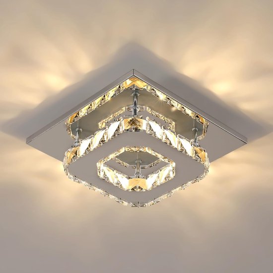 Goeco plafondlamp - 20cm - Klein - LED - 15W - 3000K - warm licht - kristallen kroonluchter - vierkante - voor slaapkamer, woonkamer, keuken, hal
