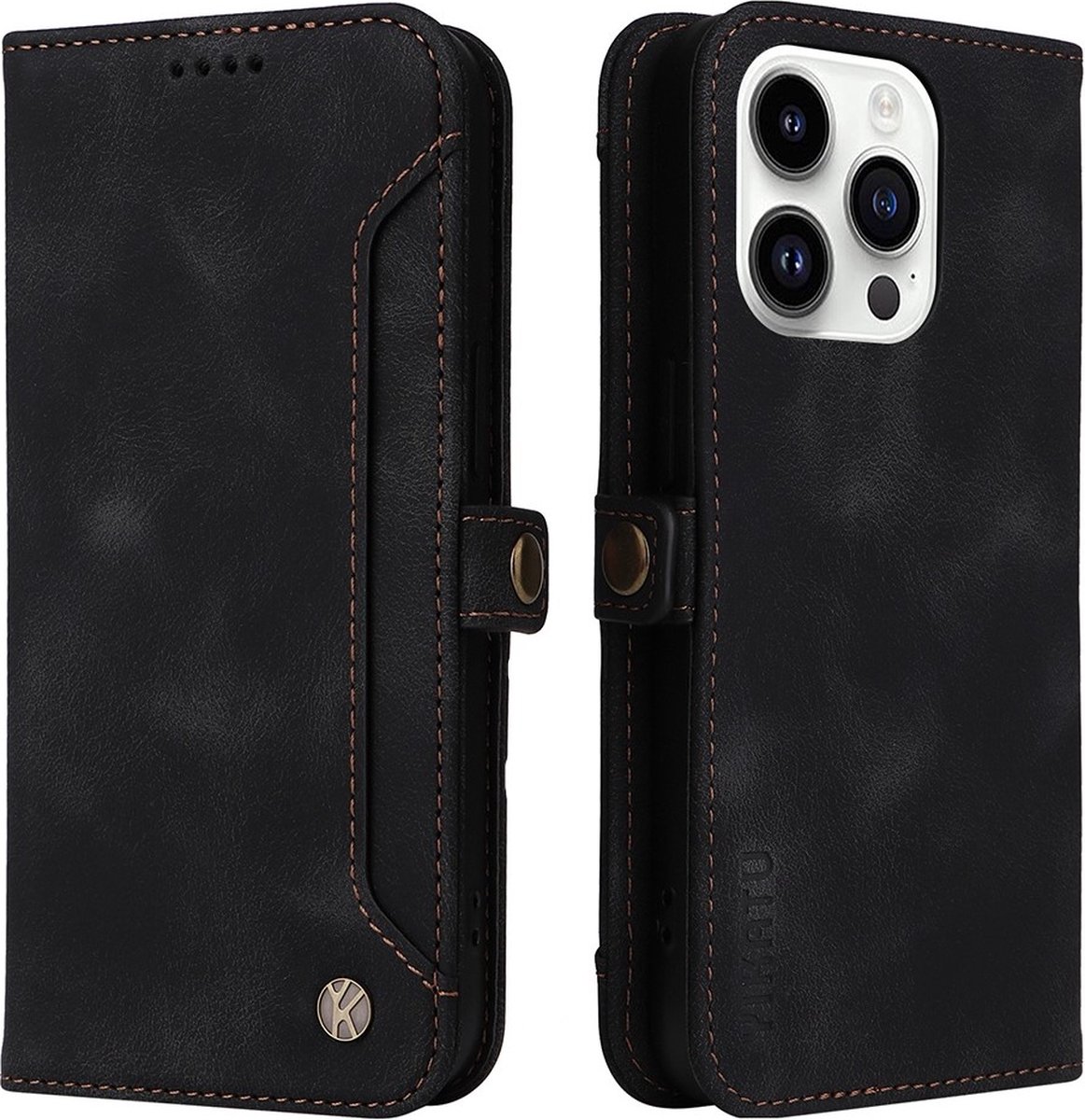 Yikatu-iPhone 15 Pro hoesje PU Leather Wallet Case Flip Stand Phone Cover with Outer Card Slot