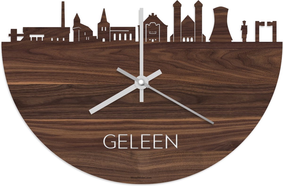 Skyline Klok Geleen Notenhout - Ø 40 cm - Stil uurwerk - Wanddecoratie - Meer steden beschikbaar - Woonkamer idee - Woondecoratie - City Art - Steden kunst - Cadeau voor hem - Cadeau voor haar - Jubileum - Trouwerij - Housewarming - WoodWideCities