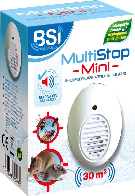 BSI – Multistop Mini - Dierenverjager - Muizenverjager - Spinnen verjager – Ratten Verjager – Insecten verjager- Ongedierte verjager met ultra sone 30m²
