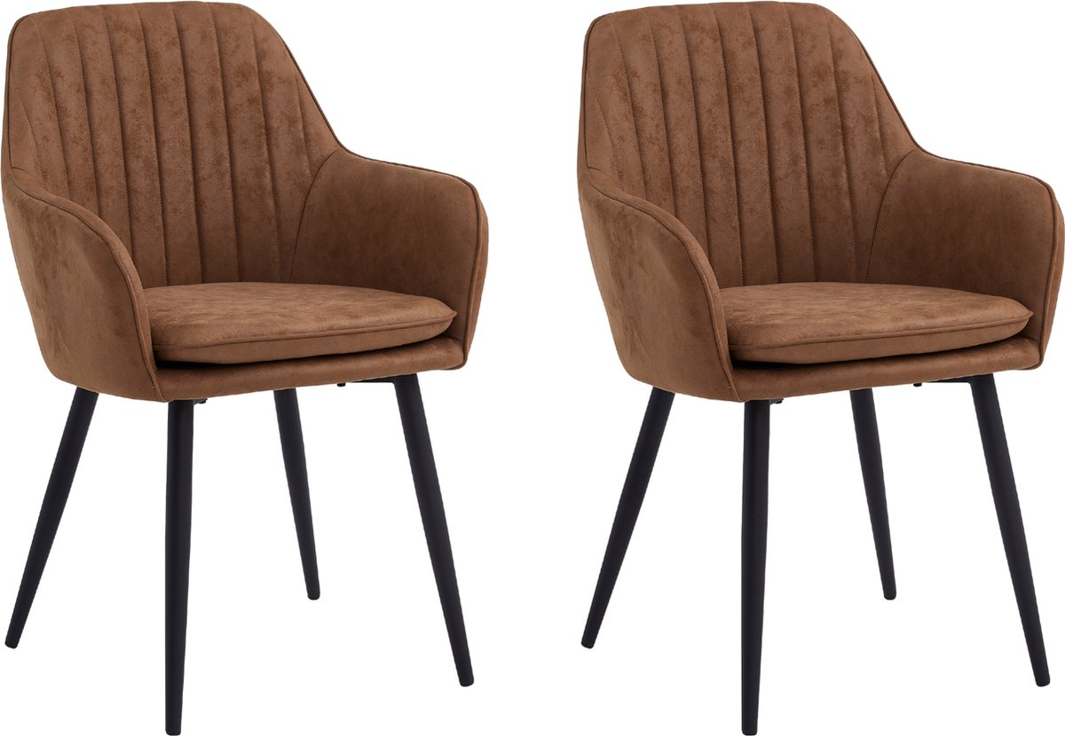 Colenis® - Lavinia Eetkamerstoel - Set Van 2 - Cognac - Microfiber Stof - Met armleuning