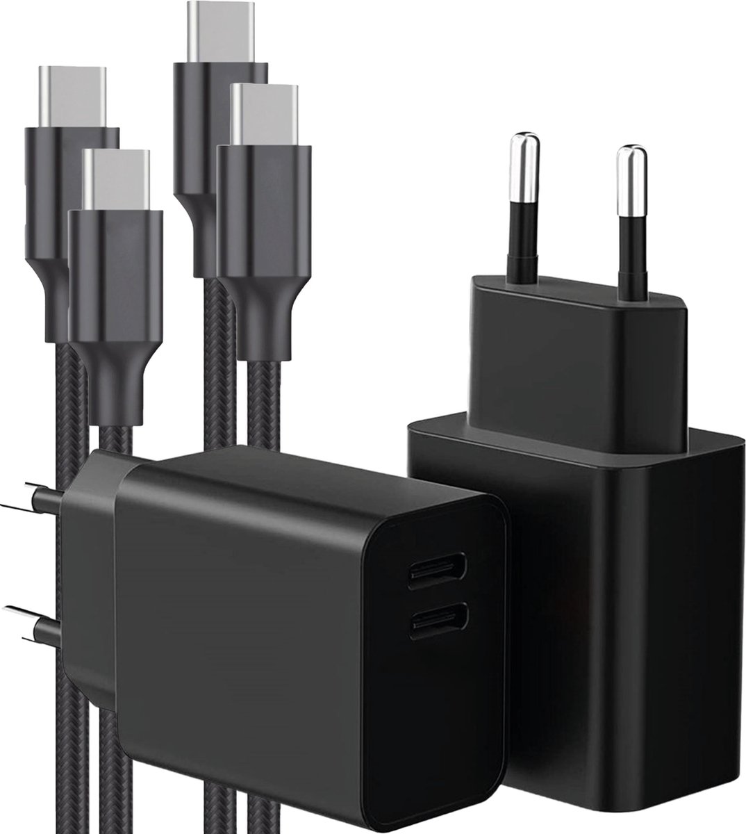 USB C Adapter - Snellader Geschikt voor Samsung Telefoon en Tablet - USB C naar USB C Kabel - Nylon Gevlochten - 1 Meter - Oplaadkabel - GaN Oplader - USB C + USB C - 35W Vermogen - Incl. USB C Kabel - 2 Kabel PACK - Stekkerblok - Zwart