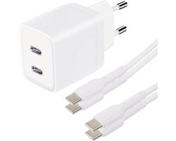 USB C Adapter - Snellader Geschikt voor Samsung Telefoon en Tablet - USB C naar USB C Kabel - 2 Meter - Oplaadkabel - PVC Materiaal - GaN Oplader - Dubbele USB C Poorten - 45W Vermogen - Incl. USB C Kabel - 2 Kabel PACK - Stekkerblok - Wit