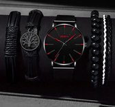 Geschenkset horloge set heren zwart met rood - Horloge - Armbandjes - Mannen - Cadeau - Set - Verjaardag-kerstcadeau - sinterklaas cadeau Valentijn cadeau
