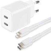 USB C Adapter - Snellader Geschikt voor iPhone en iPad - 2 Meter - Oplaadkabel - PVC Materiaal - GaN Oplader - Dubbele USB C Poorten - 45W Vermogen - Incl. Lightning Kabel - 2 Kabel PACK - Stekkerblok - Wit