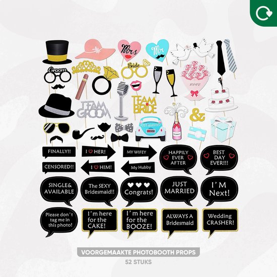 Set van 52 bruiloft fotohokje props met diverse accessoires zoals hoeden, brillen, strikken, een trouwauto, taart, champagne en tekstbordjes.