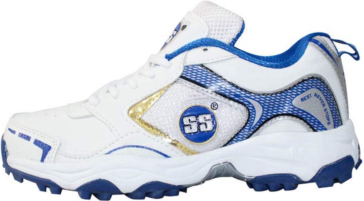 SS gouden gusty cricketschoenen | Kleur: wit en blauw | Maat: EU 45/VK 11/VS 12 | Materiaal: rubber/PVC en PU | Voor jongens en mannen | Lichtgewicht | Duurzaam gebouwd en comfortabel | Antislip | Hoogwaardige kwaliteit