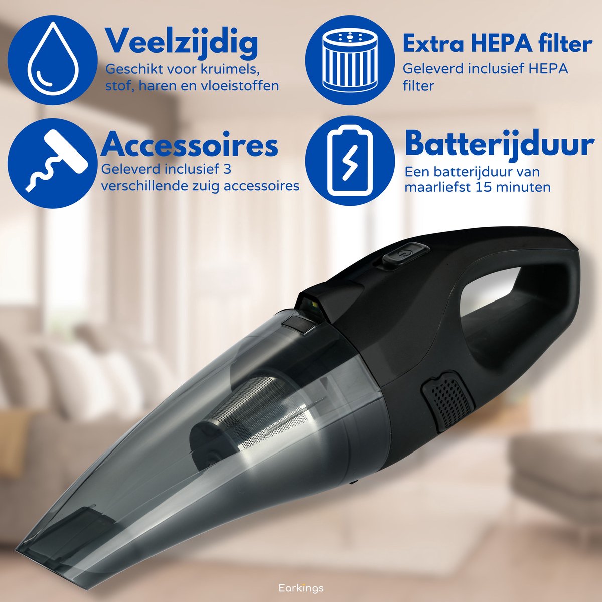 Earkings Kruimeldief Snoerloos 8kPa Zwart met 3 Opzetstukken - afbeelding 3