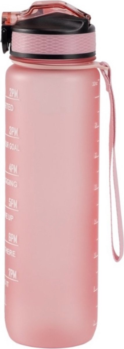 Motivatie Waterfles - Rosé - 1 Liter Drinkfles - Waterfles met Rietje - Waterfles met tijdmarkering - BPA Vrij - Volwassenen - Drinkfles Kinderen - Met Box-On Hydration Challenge