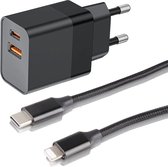 USB C Adapter - Snellader Geschikt voor iPhone en iPad - Nylon Gevlochten - 3 Meter - Oplaadkabel - GaN Oplader - USB A + USB C - 35W Vermogen - Incl. Lightning Kabel - Stekkerblok - Zwart