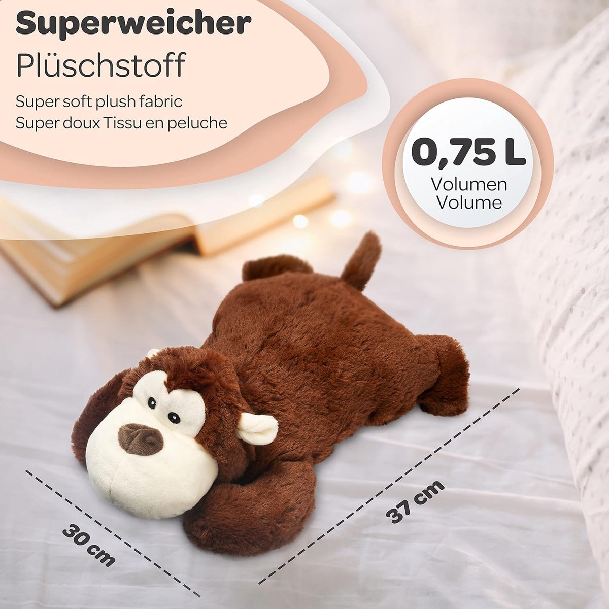 Premium warmwaterkruik voor kinderen, beer met hoes, wollig, 0,75 l, warmwaterkruik, knuffeldier, warmwaterkruik voor volwassenen, warmwaterkruik dier, warmwaterkruik voor kinderen, warmtezak
