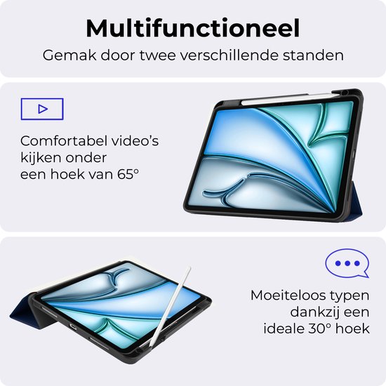 Étui de tablette bleu foncé avec angle de vision de 65° pour vidéos et position de frappe de 30°.