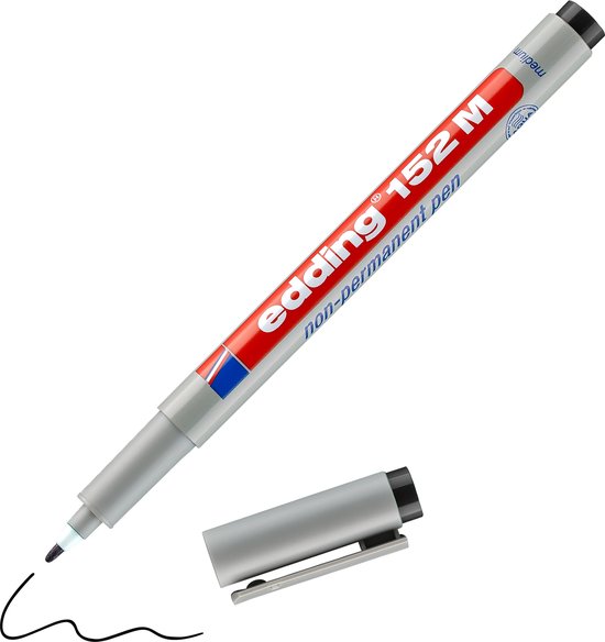 Een edding 152 M non-permanent pen, grijs met rode band en witte tekst, met dop.