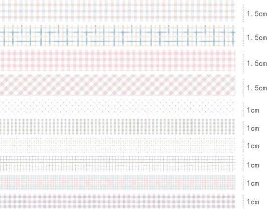 Tien verschillende patronen washi tape met ruitjes en lijntjes in pastelkleuren. De breedtes variëren van 1,5 cm tot 1 cm.