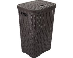 Hega Hogar Wasmand met deksel Rotan - donkerbruin - gevlochten kunststof - 60 liter - 34 x 43 x 62 cm
