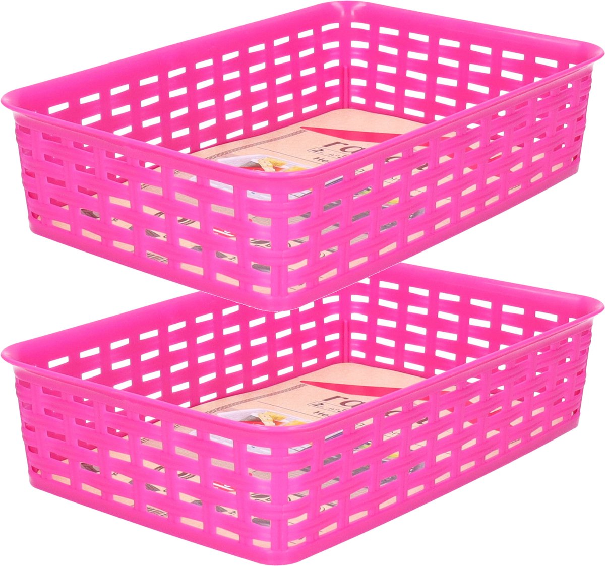 Hega Hogar Opbergmandje/ladeverdeler - 2x - fuchsia roze - 2 liter - kunststof - 17 x 25 x 6 cm - kleine opslag bakjes - manden