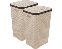 Hega Hogar Wasmand met deksel Rotan - 2x - beige - gevlochten kunststof - 60 liter - 34 x 43 x 62 cm