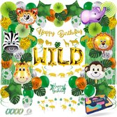 Fissaly 106 Stuks Jungle Decoratie Versiering Set – Happy Birthday Safari Thema – Slingers, Ballonnen & Accessoires