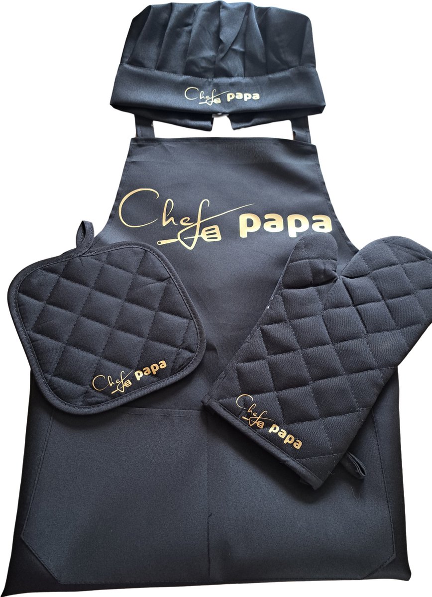 TWOA-Keukenset 4 delig-Zwart Schort, koksmuts, ovenwant en pannenlap- chef papa - vader