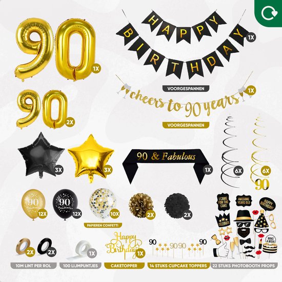 Fissaly 90 Jaar Verjaardag Decoratie Versiering - Ballonnen – Jubileum Man & Vrouw - Zwart en Goud