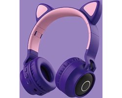 WizBay Premium Select® CAT Ear KIDS LED Headset met Microfoon LED op de Buitenkant - HD Bluetooth Phone Call - Ingebouwde Microfoon - SD Card - Verstelbare Hoofdband - Soft Zuurstof doorlatend Ear Pads - Kleur Donker Paars Buitenkant Roze Binnenkant