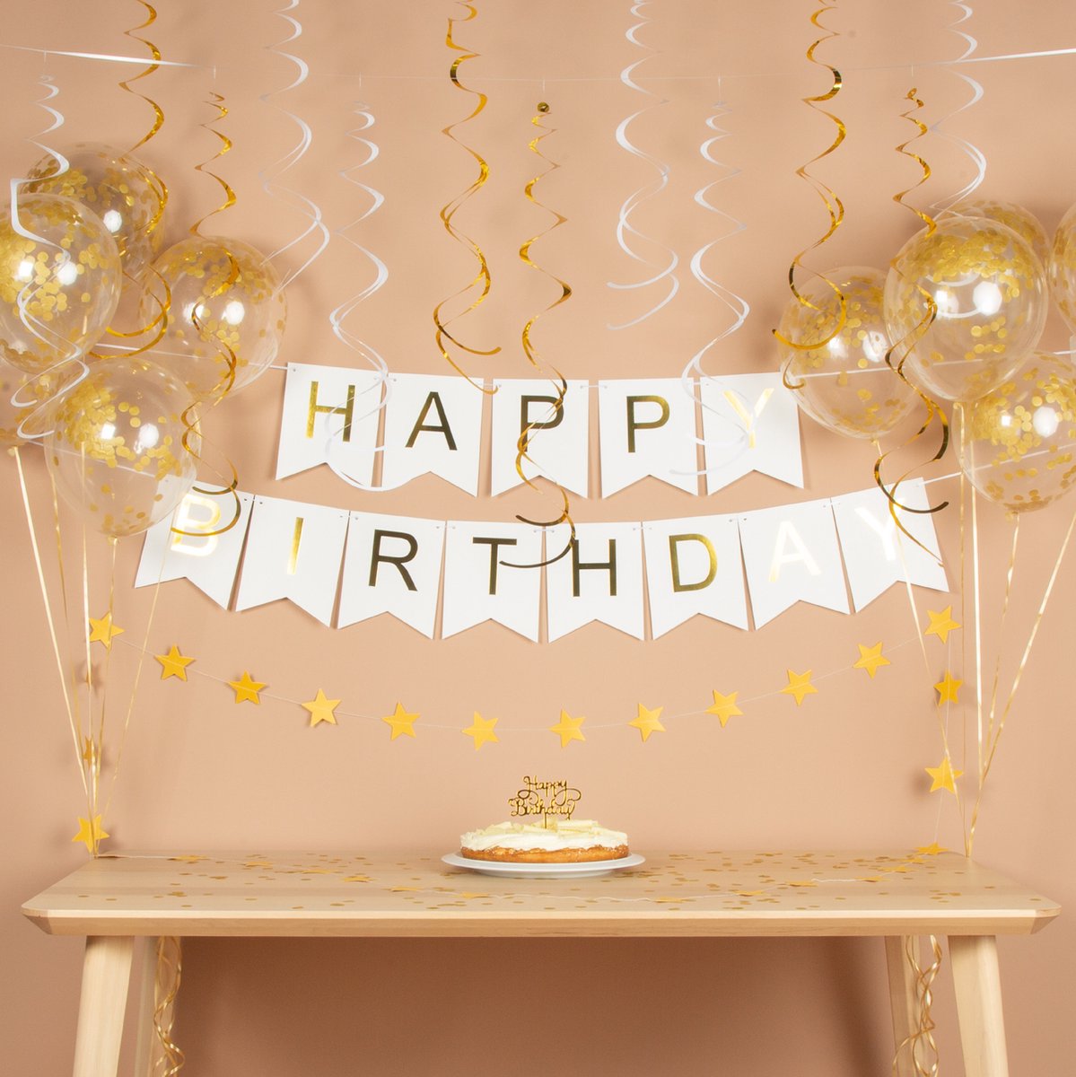 Fissaly Verjaardag Slinger Wit & Goud met Papieren Confetti Ballonnen – Decoratie – Happy Birthday - Letterslinger — afbeelding 3