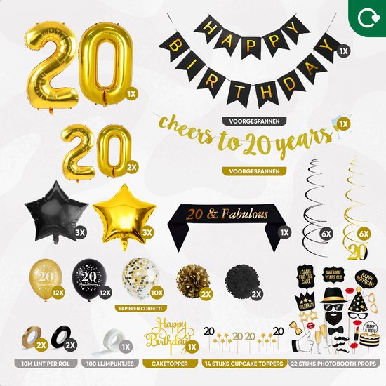 Fissaly 20 Jaar Verjaardag Decoratie Versiering - Ballonnen – Jubileum Man & Vrouw - Zwart en Goud