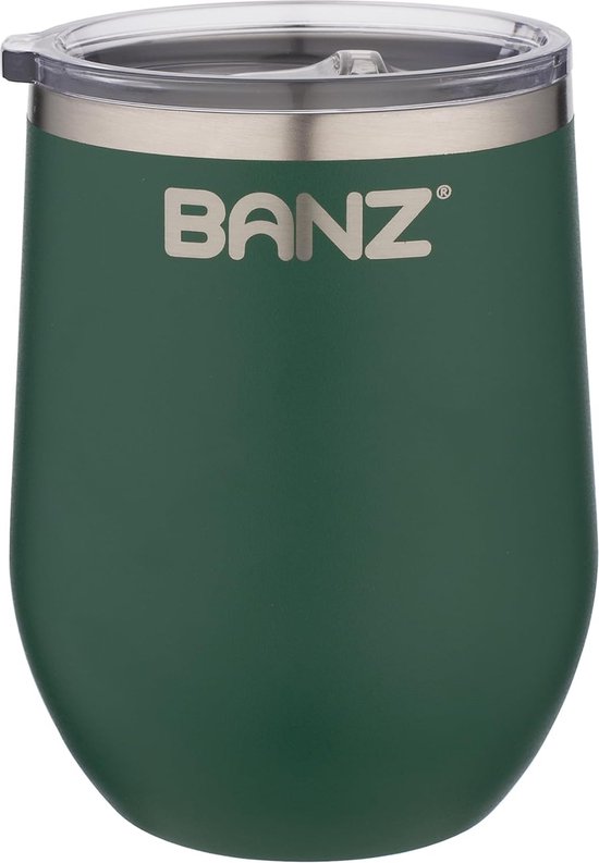 Foto: Banz hippe groene inox rvs thermo reisbeker thermomok voor koffie thee melk koelbeker voor water frisdrank wijn apero spirits 33cl