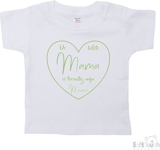 Soft Touch T-shirt Shirtje Korte mouw "De liefste mama is toevallig mijn mama" Unisex Katoen Wit/sage green (salie groen) Maat 62/68