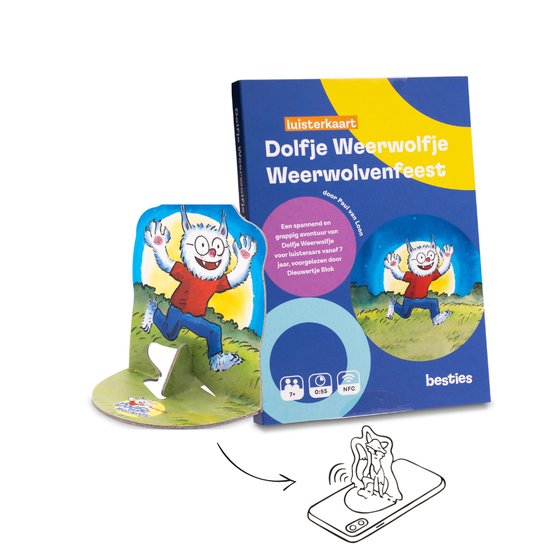 Luisterkaart 'Dolfje Weerwolfje Weerwolvenfeest' met pop-up Dolfje, boekje en telefoon met illustratie.