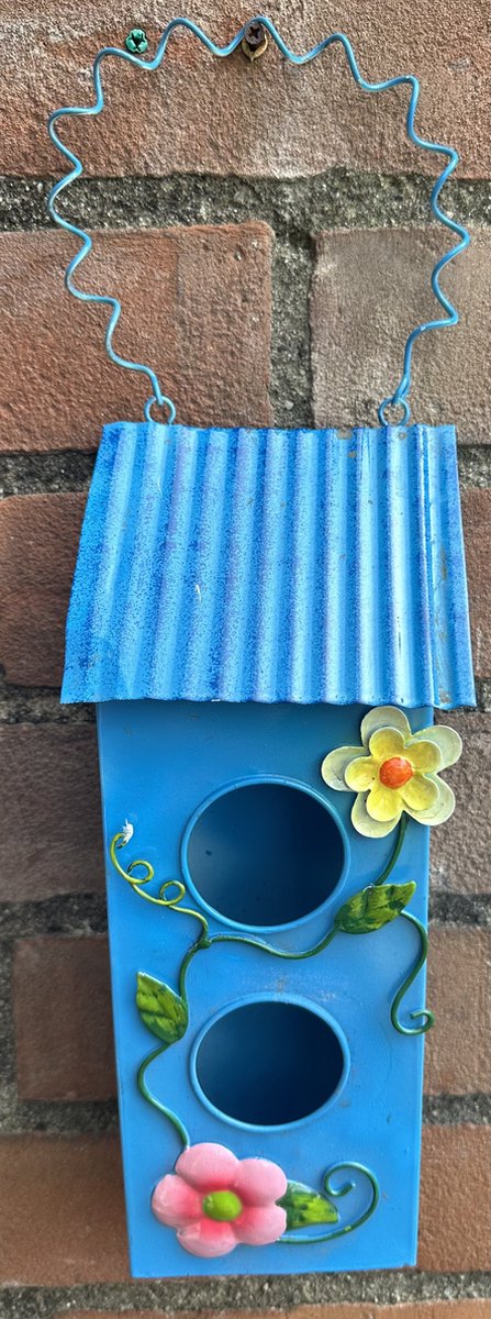 Metalen (tuin) decoratie "vogelhuisje" - Blauw + meerkleurig - hoogte 41 x 12 x 6.5 cm - Tuinaccesoires - Tuindecoratie - Vogelhuisjes
