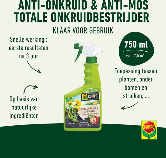 COMPO Anti-Onkruid & Anti-Mos Spray totaal - natuurlijke ingrediënten - eerste resultaten binnen 3 uur - spray 750 ml (7,5 m²) van Merkloos	 — afbeelding 2
