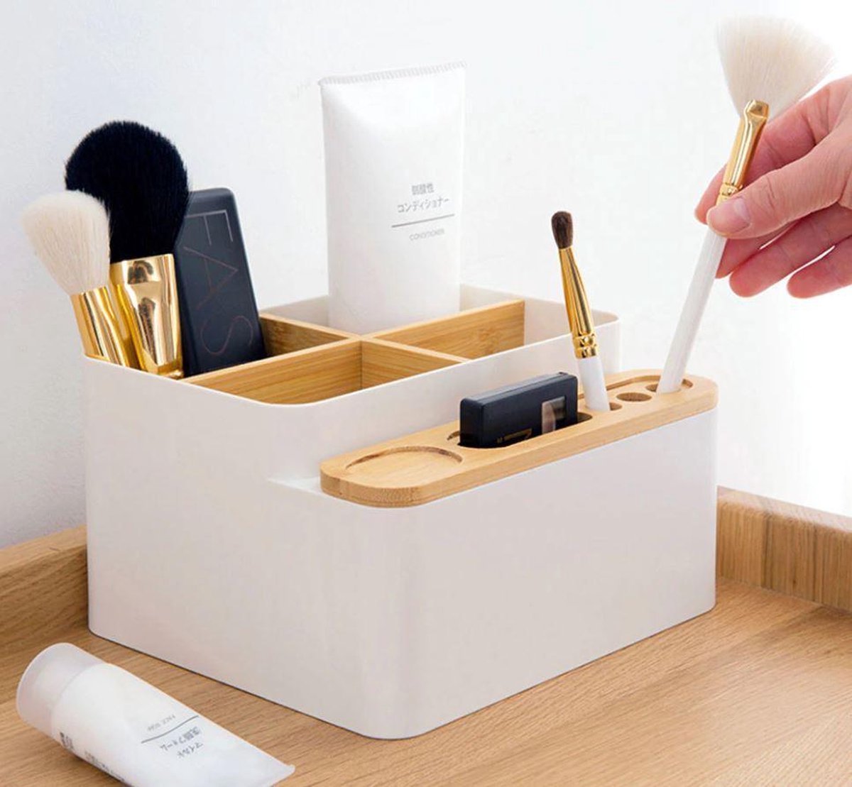 Relaxdays make-up organizer, bureau-organizer met lade, kwastenhouder, bamboe, HxBxD: 19 x 25,5 x 12,5 cm, natuur Relaxdays make-up organizer, bureau-organizer met lade, kwastenhouder, bamboe, HxBxD: 19 x 25,5 x 12,5 cm, natuur