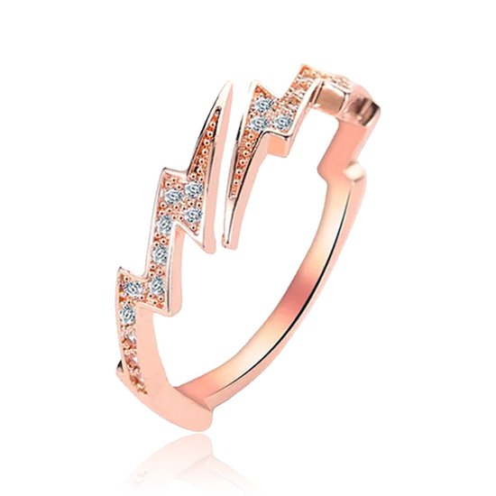 Verstelbare Koperen Ring met Rose Goud Coating - Bliksemvorm met Zirkonia Steentjes