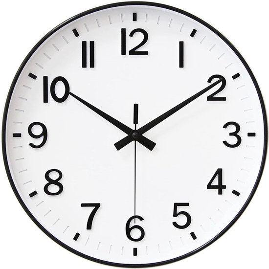LiRiQi Horloge Murale Silencieuse 30 Cm - Chiffres Arabes Blancs, Cadran Noir - Pour Salon, Bureau, Chambre