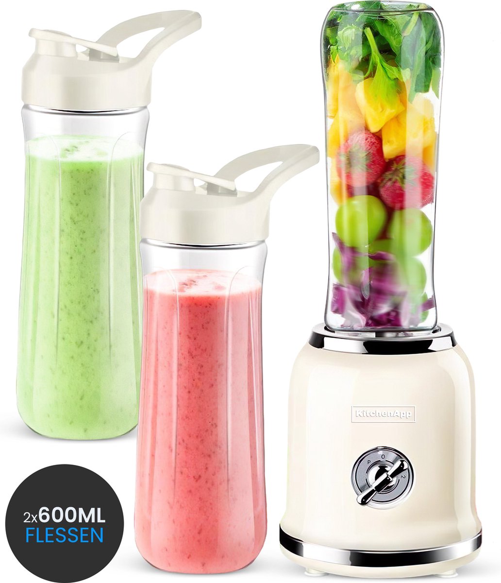 Blender to go - Retro blender -  Smoothie maker - Inclusief twee bekers en meerdere accessoires - Beige