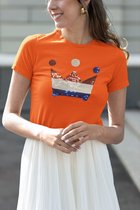 Dames T-shirt Kroontje met magic sequence | koningsdag kleding | Oranje | maat M