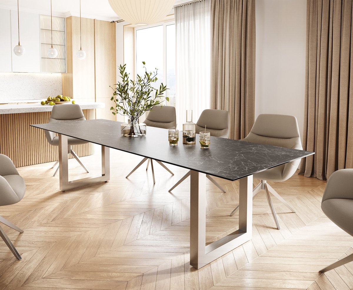 DELIFE Eettafel Edge keramiek Laminam® Nero Greco grijs 300x100 roestvrij staal breed Nero Greco Anthrazit