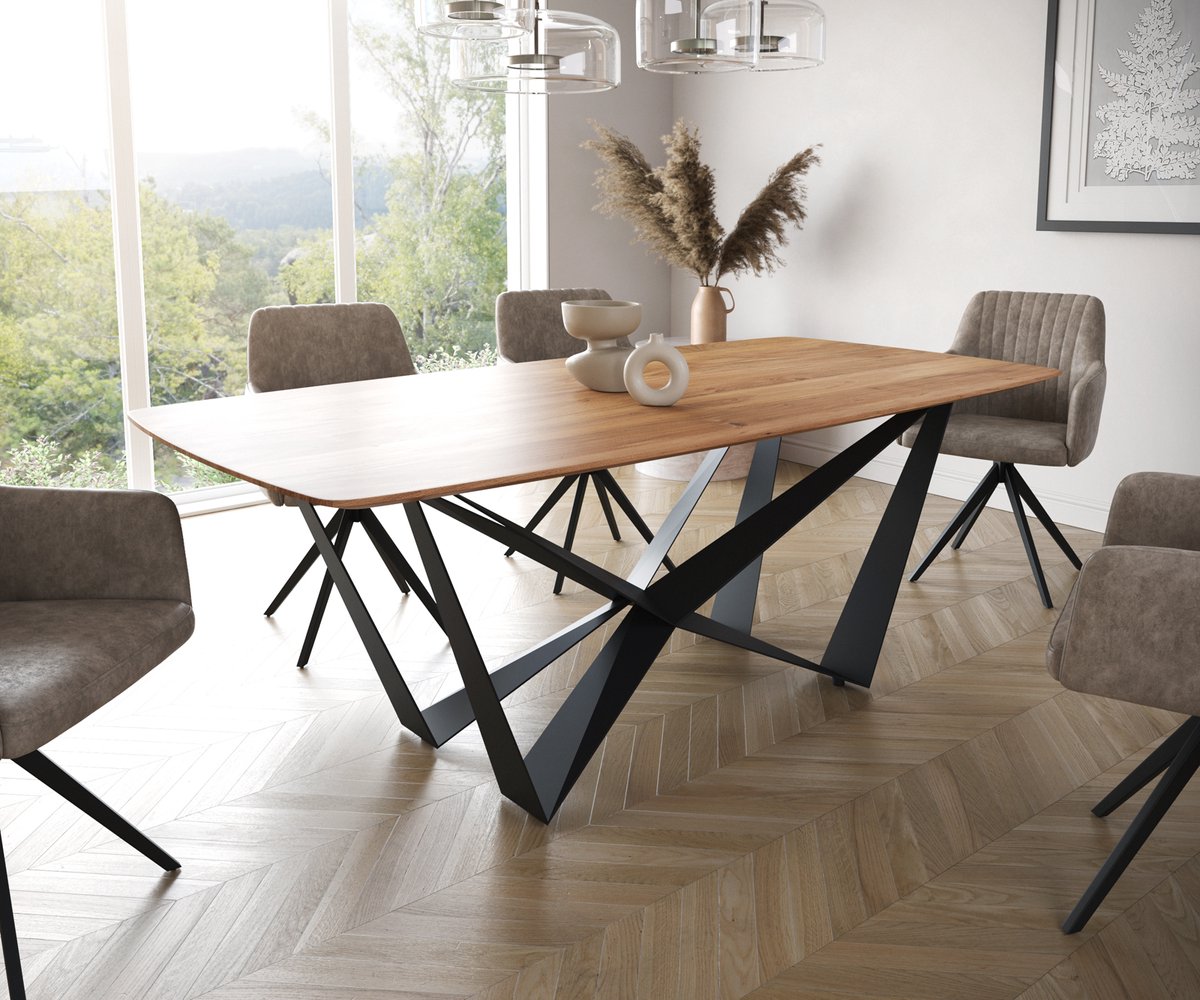Eetkamertafel Edge Boot acacia natuur 200x100 Spider staal zwart Zwitserse rand