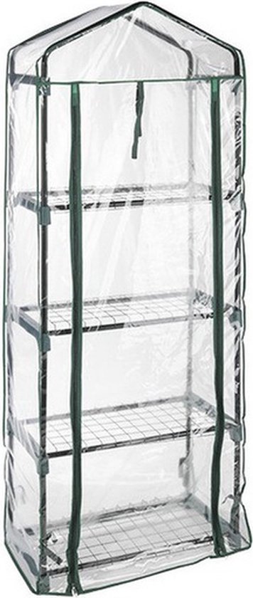 Transparante kweektent met 4 etages en groen frame.
