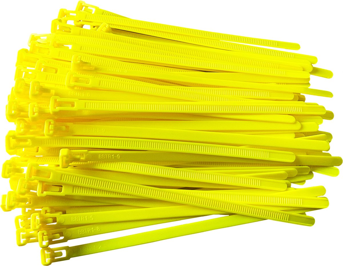 Kortpack - Hersluitbare Kabelbinders/Tyraps - 200mm lang x 7.6mm breed - Neon Geel - 100 stuks - Treksterkte: 22,2KG - Bundeldiameter: 50mm - Bundelbandjes - Lichten op onder Blacklight - (099.3211)