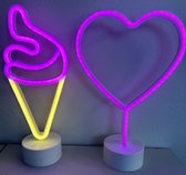 LED ijsje en hart met neonlicht - Set van 2 stuks - roze/geel en roze neon licht - hoogte 30 x 13 x 8.5 cm / 29.5 x 20 x 8.5 cm - Werkt op batterijen en USB - Tafellamp - Nachtlamp - Decoratieve verlichting - Woonaccessoires