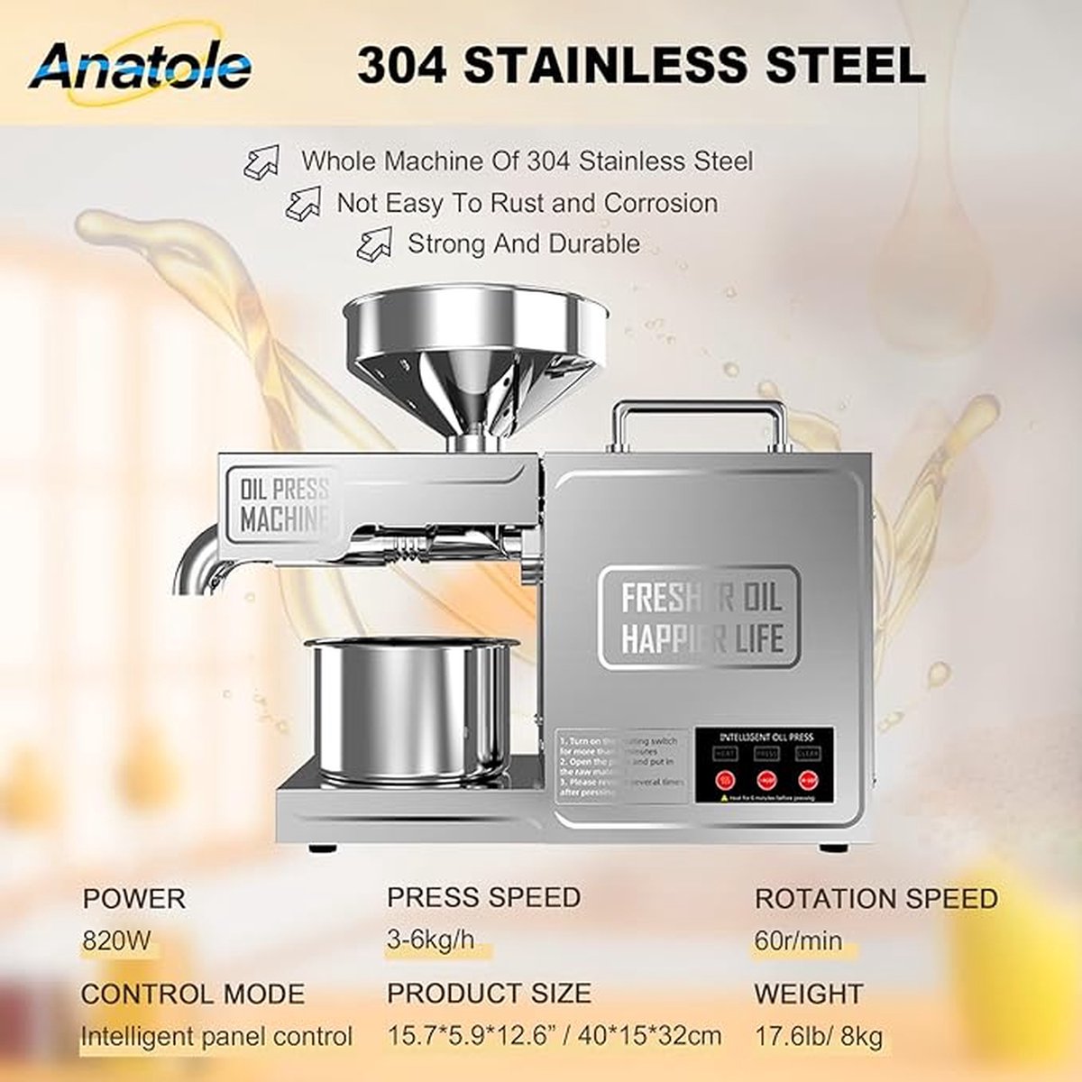 Machine à Huile électrique Automatique 820W – Presse à Huile Inox (x8 Oil Press)