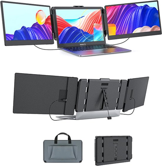 PAEY tri-screen - Portable Monitor- 14 Inch Full HD - Extra beeldscherm laptop - Draagbare monitor - Draagbaar scherm voor laptop- Tri-screen - inclusief draagtas