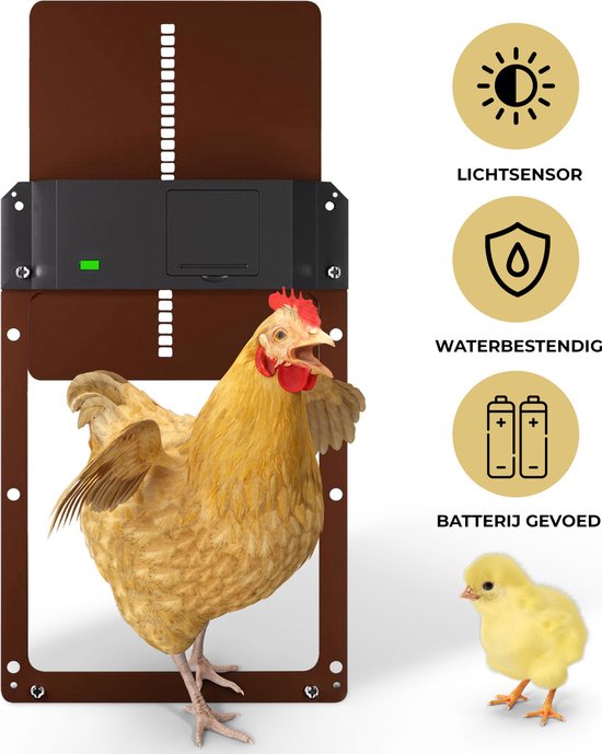 Foto: Lotahome automatische kippenluik automatische kippendeur hokopener voor kippen en andere dieren lichtsensor kippenluik op batterijen chickenguard kippenhok deur kippenren inclusief 20 kippenringen en bevestigingsmateriaal bruin