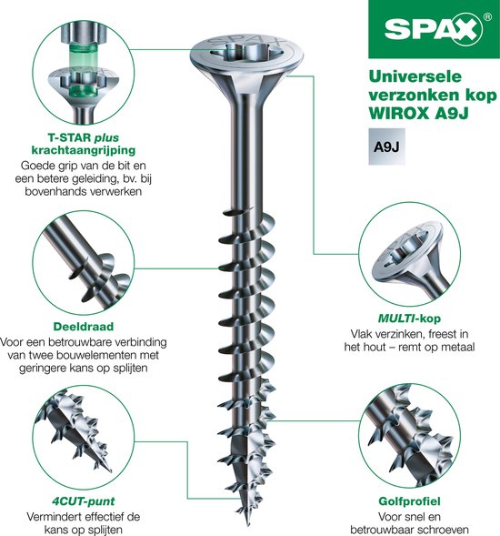 Vis universelle, 6 x 60 mm, 180 pcs, Filetage partiel, Tête fraisée, T-STAR plus T30, 4CUT, WIROX - 8000000277054