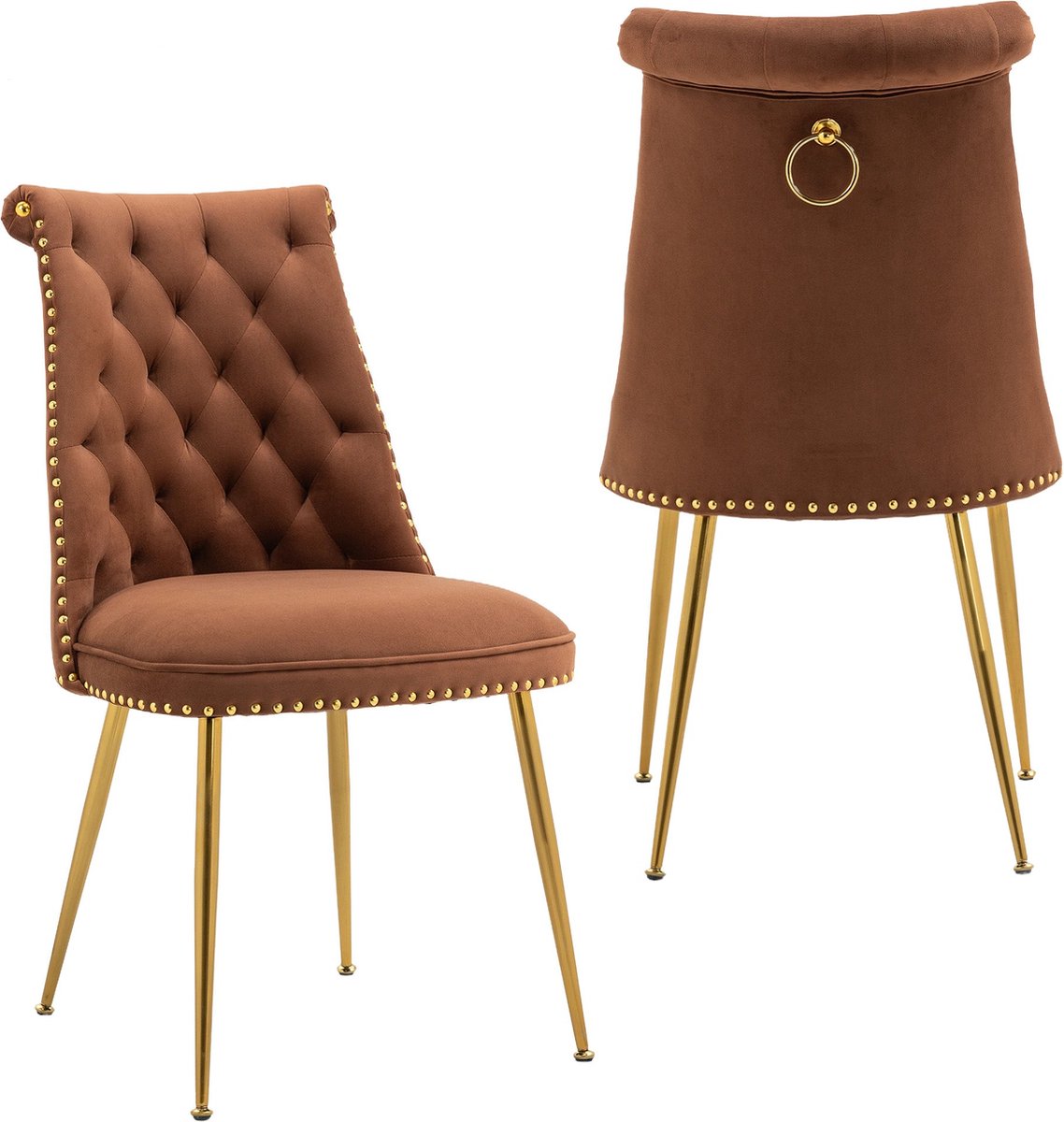 Merax Set van 2 Eetkamerstoelen - Velvet Stoelen - Koffie Bruin met Goud